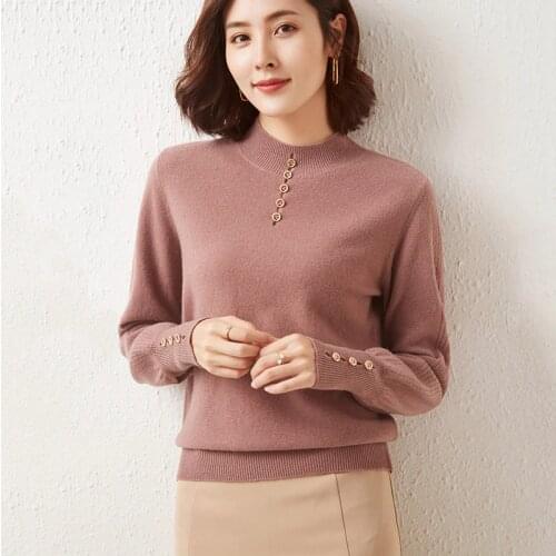 2021 Autumn New Pure Wool Half High Neck Puff Sleeve Button Knitting Pullover Casual Cashmere Sweater Commuter Simple Fashion