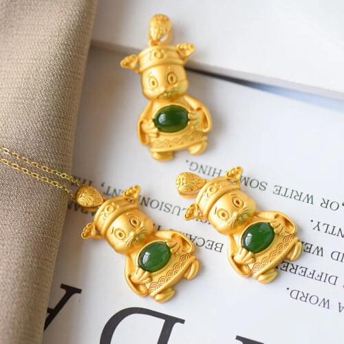 Silver Inlaid Natural Hetian Jasper Chalcedony Pendant Necklace Chinese Style Retro Little Mouse Fortuna Womens Brand Jewelry