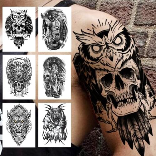 Tribal Owl Skull Temporary Tattoos For Men Women Adult Black Demon Warrior Tattoo Sticker Fake Skeleton King Large Tatoos Arm