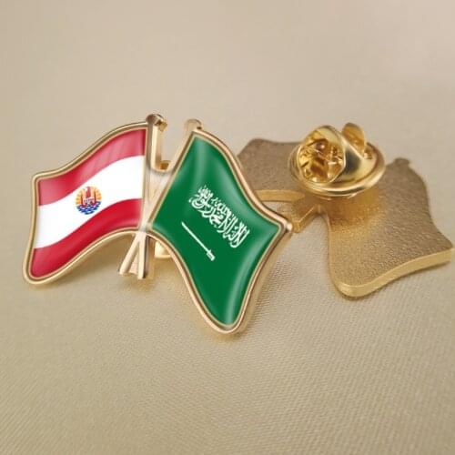 French Polynesia and Saudi Arabia Crossed Double Friendship Flags Lapel Pins Brooch Badges