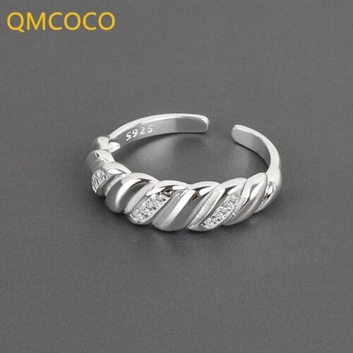 QMCOCO 925 Silver Zircon Twill Croissant Ring 2021 New Creative Design Geometric Twist Wide Rings For Women Party Accessories