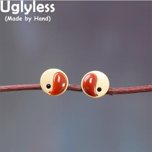 Uglyless Taoism 9MM MINI Agate Studs Earrings for Women Natural Gemstones Brincos 925 Silver Exotic Jewelry Gold Religious Gifts