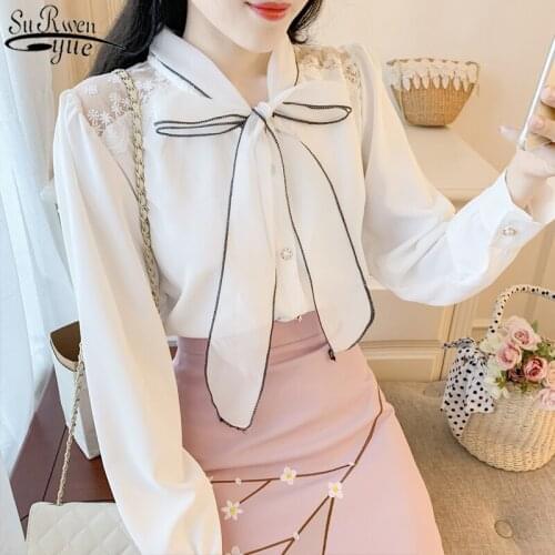 Chiffon Blouse Long Sleeve Office Lady Style 2021 Fashion Women Blouses Early Autumn New Lady Bow Tie White Shirt Loose 10596