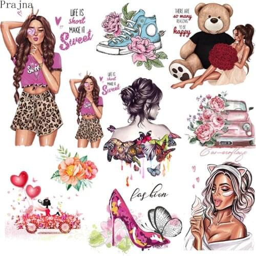 Prajna Sexy Girl Iron On Patch Transfer For Clothing Stripe Heat Transfer Vinyl Butterfly Flower Patch Thermal Sticker Washable