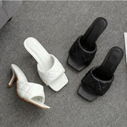 2020 Women Pu Leather High Heels Slippers Shoes Square Toe Shallow Fashion Slides Spring Summer Sandals Party Sexy Female Shoes