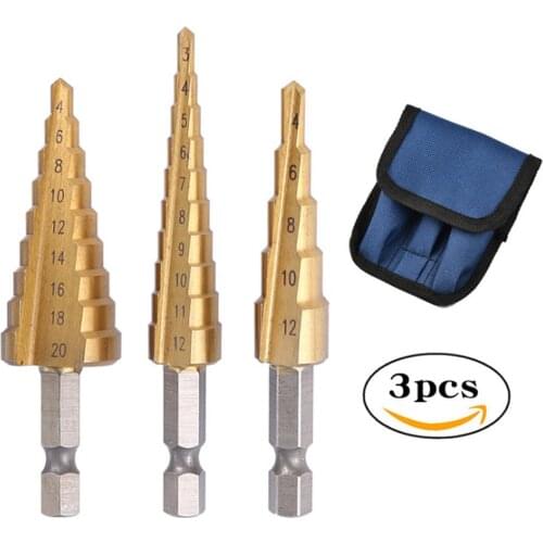 WENXING 3Pcs HSS Titanium Drill Bit 4-12 3-12 4-20 Drilling Power Tools Metal High Speed Steel Wood Hole Cutter Cone Drill