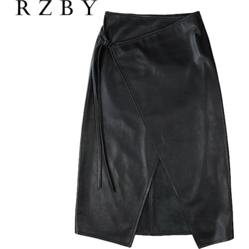 Personality Leather Genuine skirt Female Asymmetric Real Sheepskin Lace-up Saia Mujer Black Wrap Jupe Women Streetwear RZBY292