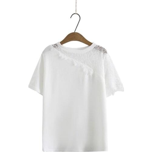 Plus Size XL-4XL White Black Summer Tops Women Short Sleeve Knitted&Lace Shirts Oversized Slim Tee