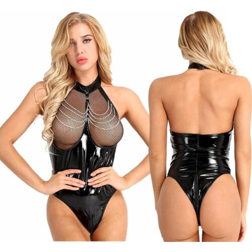 Womens Erotic Sexy Crotchless Latex Catsuit Fishnet Open Crotch Sissy Patent Leather Breast Exposing Bodysuit Lingerie Teddies