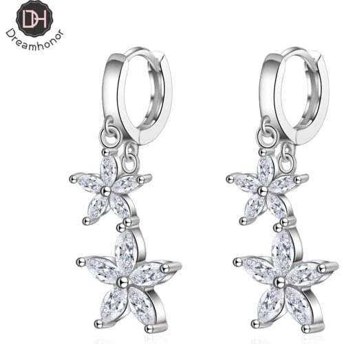 Dreamhonor Korean Fashion Simple 925 Sterling Silver Simple Flower Zirconia Statement Hoop Clip Earrings Jewelry