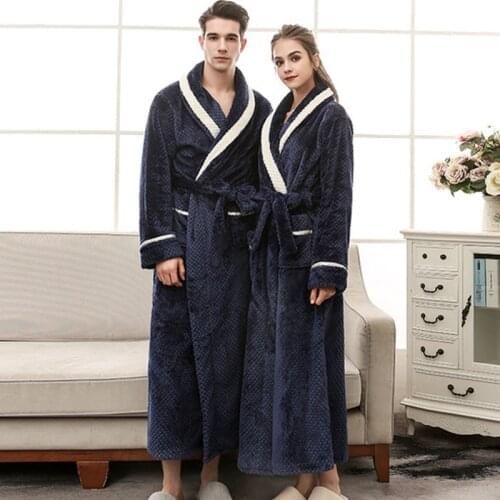 Women Terry Bathrobe with Sashes Solid Long Sleeve Ladies Dressing Gown Pockets Winter Thick Ankle Length Bath Robe Couple