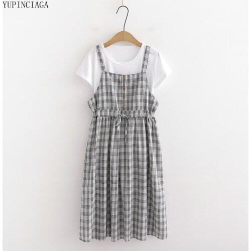 2020 Summer Womens Sets Korean Fashion Waistband Lace Up Plaid Dress + Short Sleeve T shirt Sweet Style Two Piece Sets