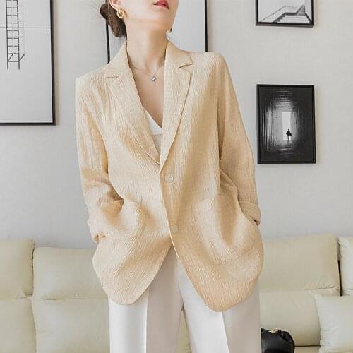 New arrival fashion women spring OL temperament professional long sleeve suit loose breathable pleated chiffon thin wild jacket