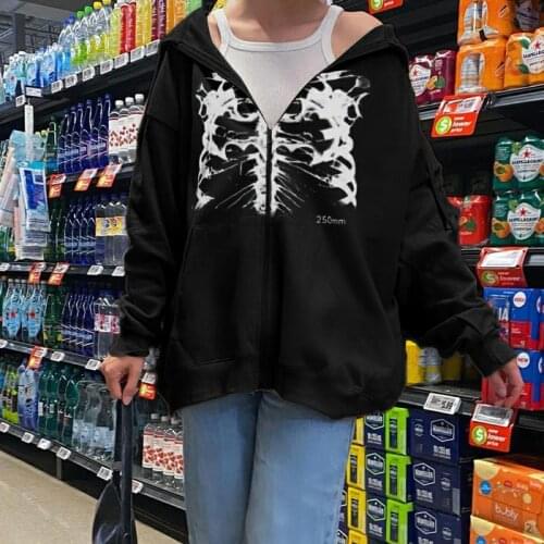 HEZIOWYUN Women Y2K Hooded Sweater Adults Skeleton Print Long Sleeve Zipper Cardigan with Drawstring Pocket Hoodies Coats