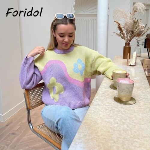Foridol Plaid Floral Print Oversized Sweater Pullovers Femme Women Casual Loose Fashion Jumper 2021 Autumn Winter New Jersey