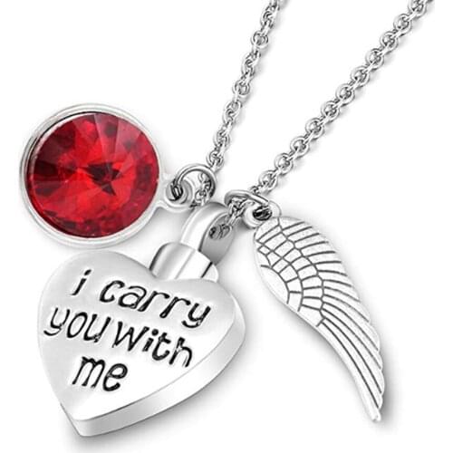 Cremation Urn Jewelry Engraved"in carry you with me"Birthstone Ashes Keepsake Memorial Necklace-Heart with Angel Wings Pendant