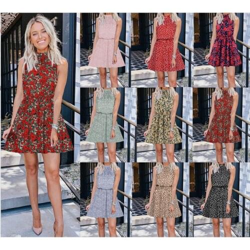 Summer Sexy Halter Lace Up Floral Print Mini Dresses 2021 Vintage Short Sleeveless Beach Casual Party Dress For Women Vestidos