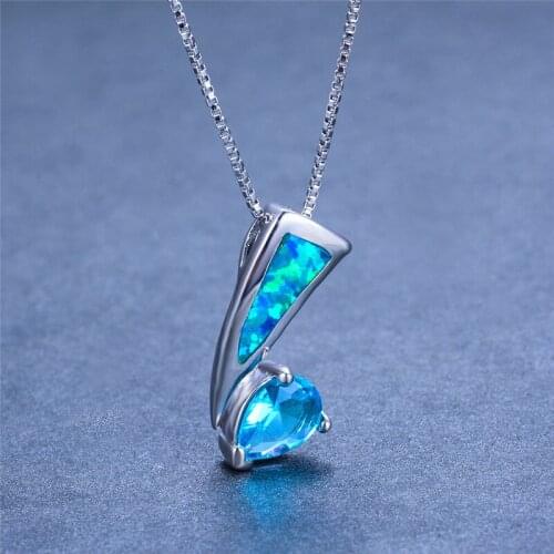 Boho Female Big Water Drop Pendants Necklaces Fashion White Blue Fire Opal Necklace Blue Purple Stone Necklaces For Women
