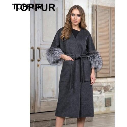 TOPFUR 110 CM Length Woolen Real Fur Coat Women Luxury Warm Coat With Silver Fox Fur Cuff Top Quality Fashion New Style Fur Coat