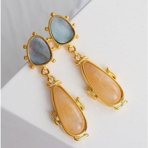 AMORCOME Vintage Water Drop Stone Long Dangle Earrings for Women Gold Color Metal Geometric Shell Drop Earrings Trendy Jewelry