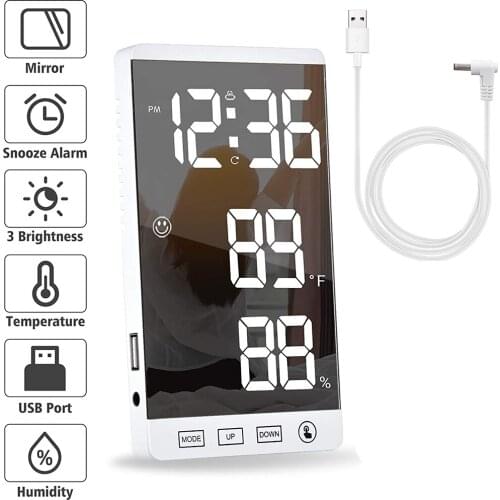 6 Inch LED Mirror Alarm Clock Touch Button Wall Digital Clock Time Temperature Humidity Display USB Output Port Table Clock