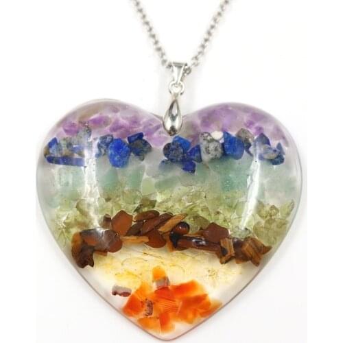 Crystal Natural Gem Stone Chip Beads 7 Chakra Love Heart Pendant Necklace for Women Men Energy Healing Necklace Charm Jewelry