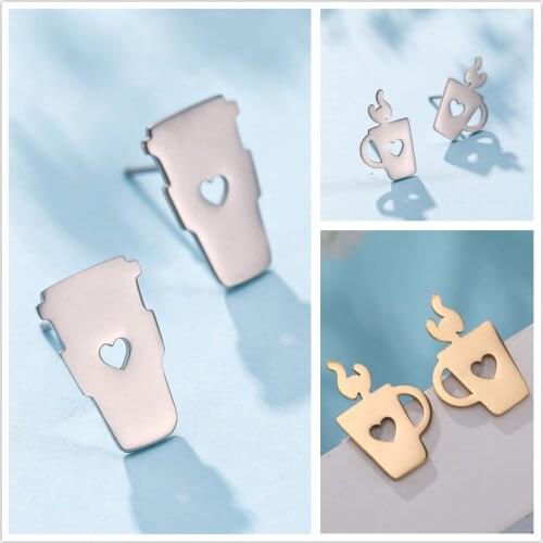 Skyrim Fashion Coffee Cup Heart Stud Earrings for Women Girls Small Korean Earring Findings Cute Stainless Steel Jewelry Gift