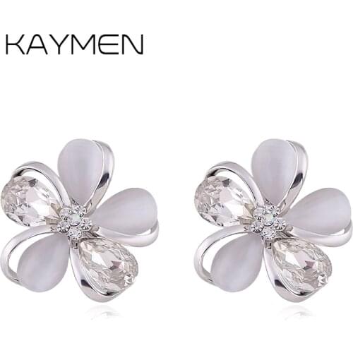 Fashion Flower Design Rhinestones and Opal Stone Stud Earring for Girls Silver Plated Nice Trendy Earring Party Jewelry EA-04128
