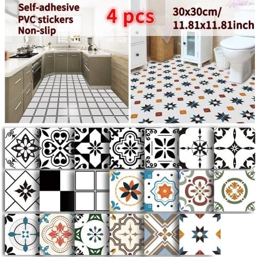 4 PCS Floor Stickers Tile Decoration Waterproof Bathroom Kitchen Twill Matte Surface Non-slip Self Adhesive Square Ground Decals