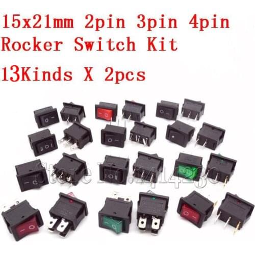26Pcs Ship Type Switch 15X21 KCD1-101 2Pin 3Pin 4Pin 6Pin 10A 125V 6A/250VAC ON-OFF ON-OFF-ON 15*21MM Rocker Switch Kit 13Kinds