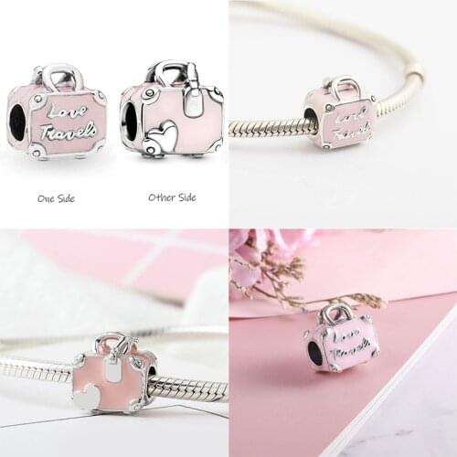 Fit Original Pan Charm Bracelet Women Pink Glaze Suitcase Charms for Jewelry Making DIY Cute Love Travel Bag Beads Pulseras Gift