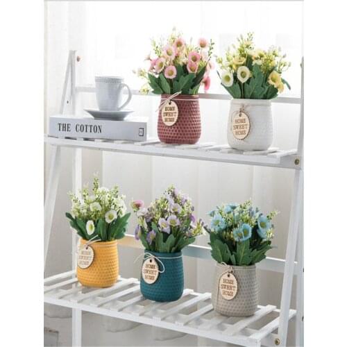 Daisy Flower Pot Desktop Vintage Style Fake Floral Decor Potted Plant for Home Office Party Garden Hotel