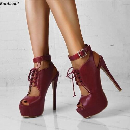 Ronticool New Women Summer Platform Sandals Ankle Strap Sexy Stiletto Heels Open Toe Gorgeous Wine Red Dress Shoes US Size 5-20