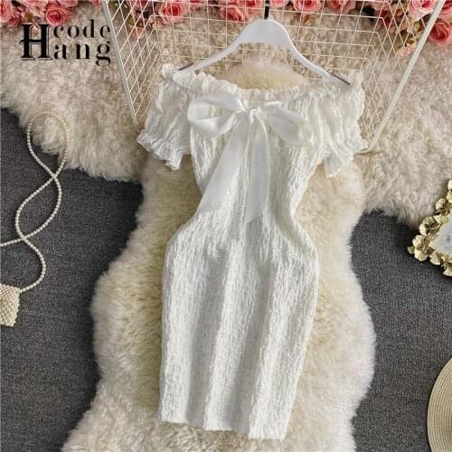 HangCode Sexy Off Shoulder Fashion Bow White Mini Dress Women 2021 Summer Romantic French Ruched Party Dress Black Bodycon Dress