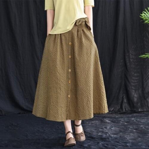 All-Matched Casual Loose A-Line Skirt New Arrival Spring Arts Style Women High Waist Slim Cotton Linen Plaid Long Skirt