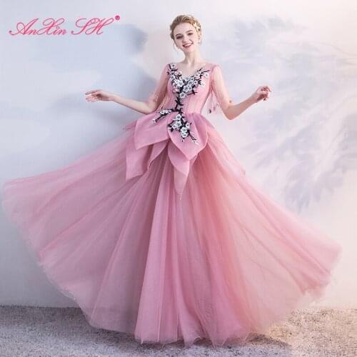 AnXin SH Princess vintage rose flower v neck batwing sleeve illusion a line long pink lace up evening dress