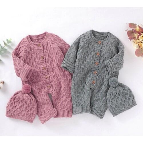 Newborn Knitted Romper Jumpsuit Baby Boy Girl Autumn Winter Single Breasted Long Sleeve Costume Hat Two Pcs Outfits F