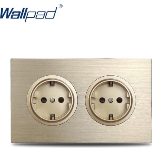 Wallpad Gold Double EU Plug Wall Electric Outlet Socket 146* 86mm Satin Brushed Aluminum Panel Frame