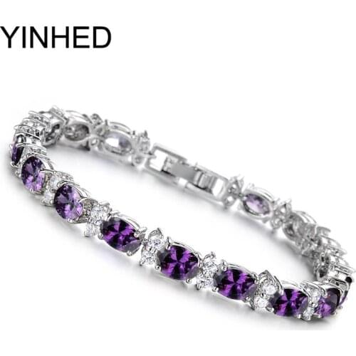 YINHED New Arrival White Gold Color Tennis Bracelet High Quality Oval Purple Cubic Zirconia Bangle Bracelets for Women ZB49
