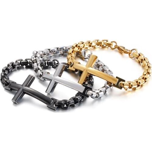 GANNY jewelry gold/black stainless steel huge square box rolo chain bracelet cross bangle 8mm 8.66