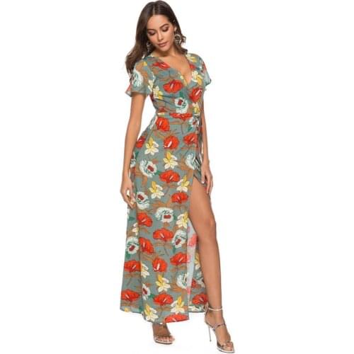 Women Short Sleeve V Neck Boho Maxi Dress Ladies Holiday Beach Split Dress 2021 Fashion sex Classical Sundress Plus Size