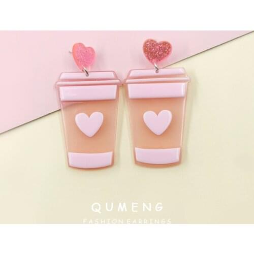 QUMENG 2020 Korea lovely Sweet milk tea Pendant pink coffee cup acrylic drop earrings for women party accessories gifts