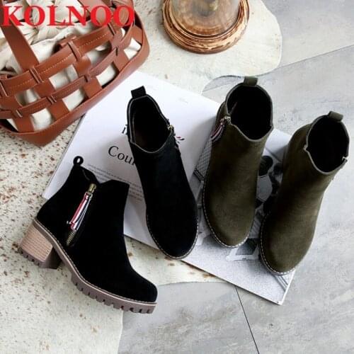 Kolnoo Handmade New Ladies Chunky Heels Ankle Boots Short Plush Two Colors Martin Boots Daily Wear Fashion Winter Shoes MLL18-49