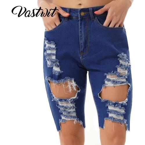 Womens Ripped Denim Destroyed Mid Rise Stretchy Bermuda Shorts Jeans