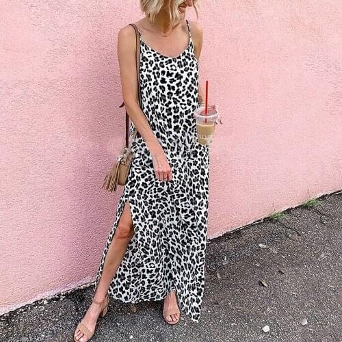Fashion Leopard Striped Print Side Slit Maxi Dress Women Sexy Casual Loose Colorblock Sleeveless Halter Slim Long Dresses 2021