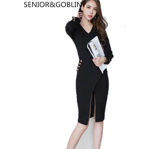 New arrival autumn woman dress 2019 high quality Korean version Long-sleeved v collar Split fork slim dress
