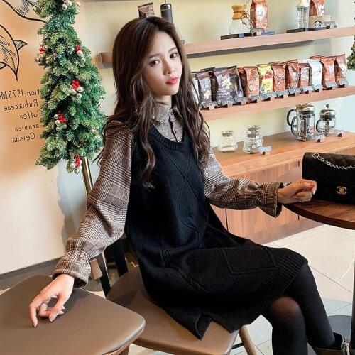 Women 2020 Spring Autumn Turn-Down Collar Knit Dress Stitching Wool Plaid Flare Sleeve Female Vintage Casual Dress Vestidos