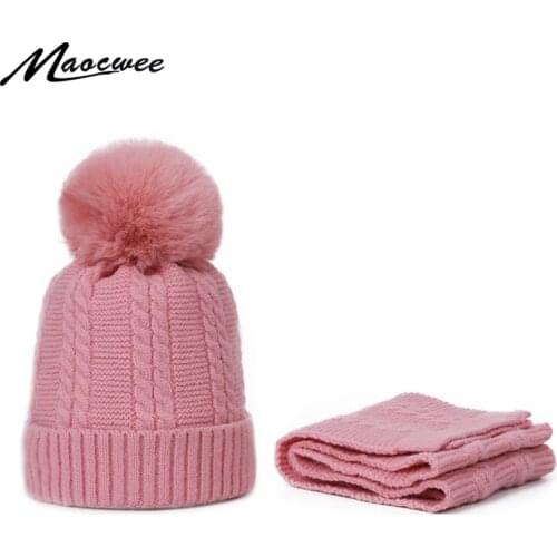 Winter Hats Girls Boys Cap+Scarf 2Pcs Kids Set Baby Keep Warm Children Knit Wool Faux Fur Pompons Hat Knitted Cute Cap Scarf Set