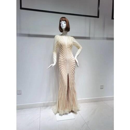 Golden Mermaid Arabic Evening Dress Long Sleeve Plus Size Women Muslim Wedding Party Gowns Dubai Formal Prom Dresses