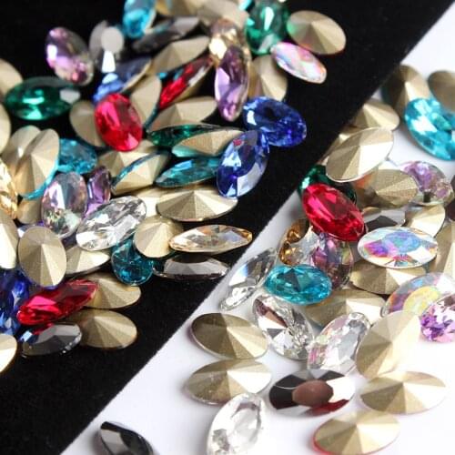 30/100pcs Pointed Bottom Glass Nail Rhinestones Diamond Oval Colorful Stones Shiny Gems Manicure Nails Art Decorations